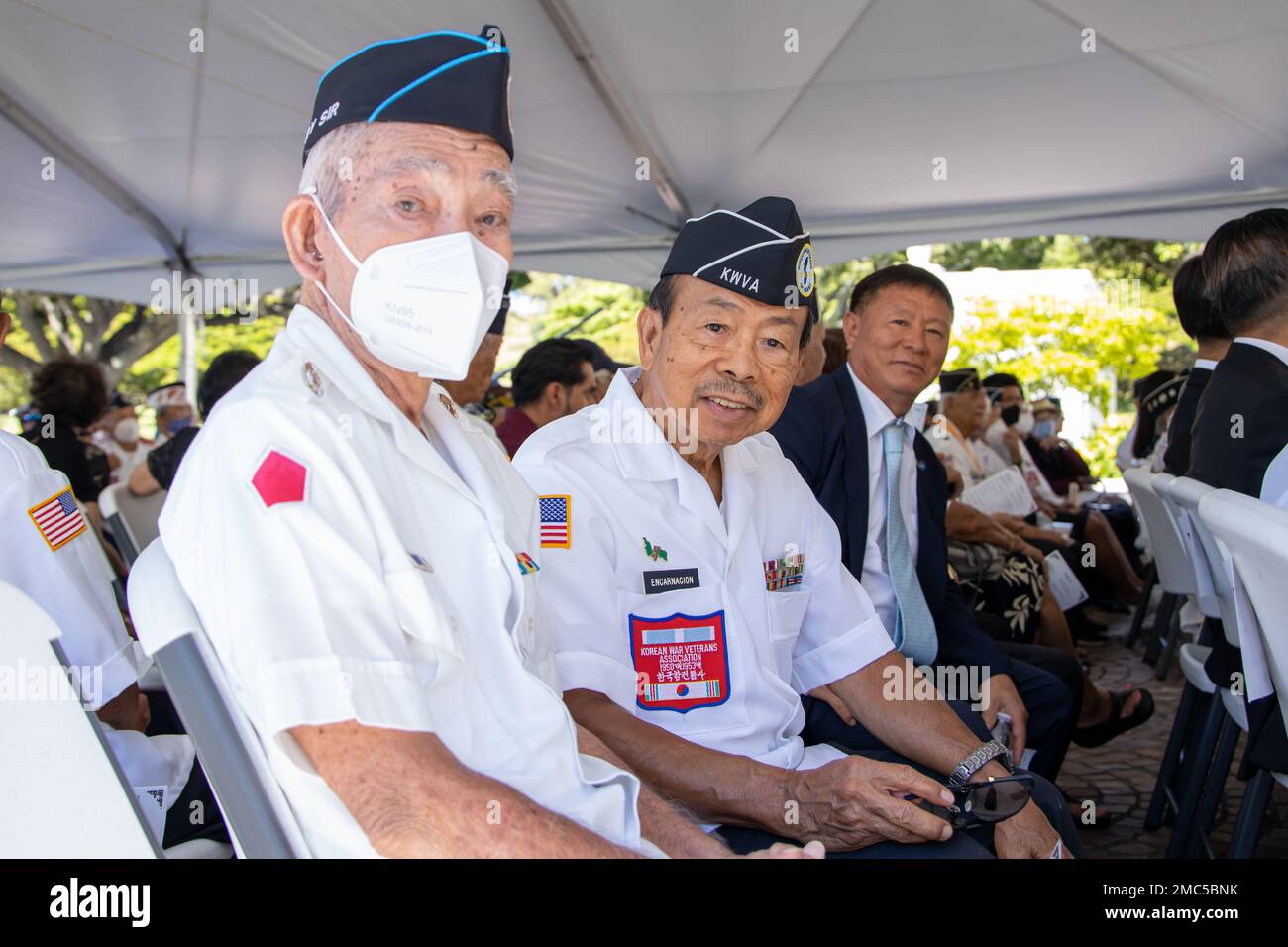 Members of the Korean War Veterans Association attend the 72nd Korean War Anniversary at the National Memorial Cemetery of the Pacific (Punchbowl) in Honolulu, Hawaii, June 25, 2022. The Korean War began on June 25, 1950, when North Korean armed forces invaded South Korea. The attack took place at several strategic points along the 38th parallel, the line dividing the communist Democratic People’s Republic of Korea from the Republic of Korea in the south. This event honors the lives lost and the sacrifices made during the war. Stock Photo