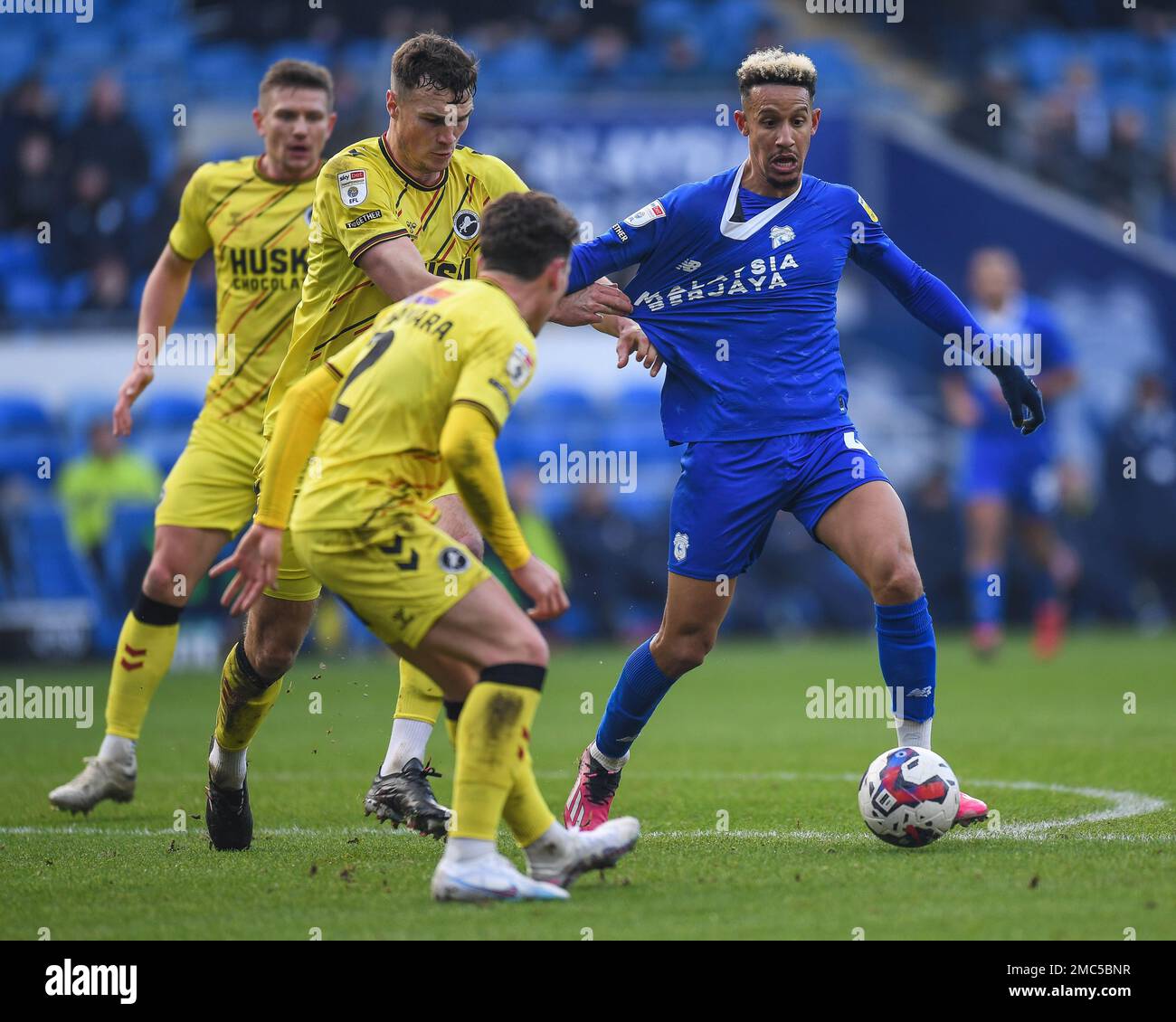 Callum Robinson #47 of Cardiff City being held back by Jake Cooper #5 of Millwall during the Sky Bet Championship match Cardiff City vs Millwall at Cardiff City Stadium, Cardiff, United Kingdom, 21st January 2023  (Photo by Mike Jones/News Images) Stock Photo