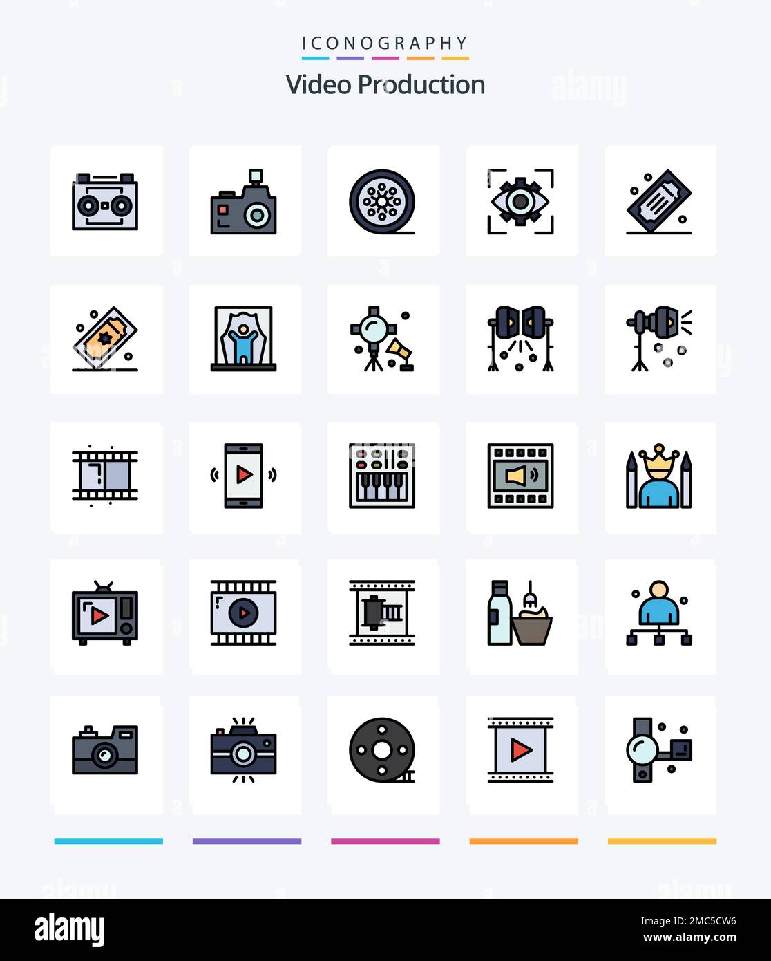 Creative Video Production 25 Line FIlled icon pack  Such As imagination. eyesight. photographer. vintage reel. movie reel Stock Vector
