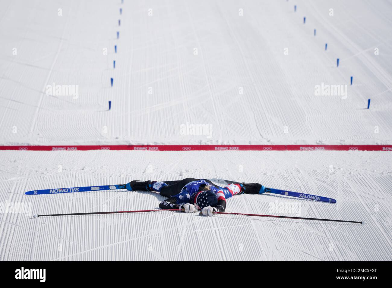 Jessie Diggins reacts after crossing the finish line during the women's  30km mass start free cross-country skiing competition at the 2022 Winter  Olympics, Sunday, Feb. 20, 2022, in Zhangjiakou, China. (AP Photo/Aaron