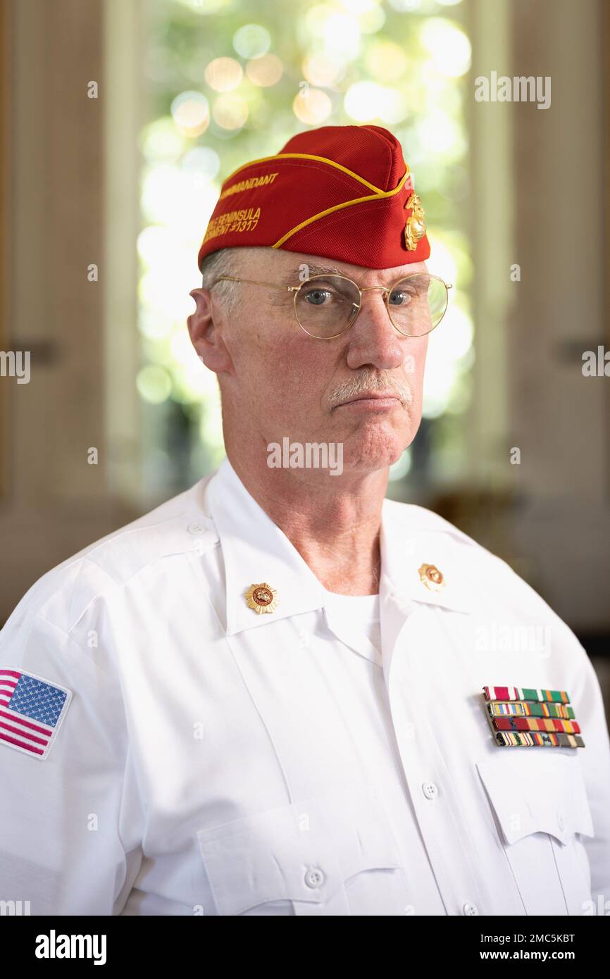Dave Clements, Marine Corps League Detachment 1317, Commandant, stands in the hall of Christ Church Parish after participating in an interview during the rededication ceremony of New Puller Park in Saluda, VA., June 27, 2022. Family, friends and Marines honored the life and legacy of Lt. Gen. Lewis Burwell 'Chesty' Puller. Stock Photo