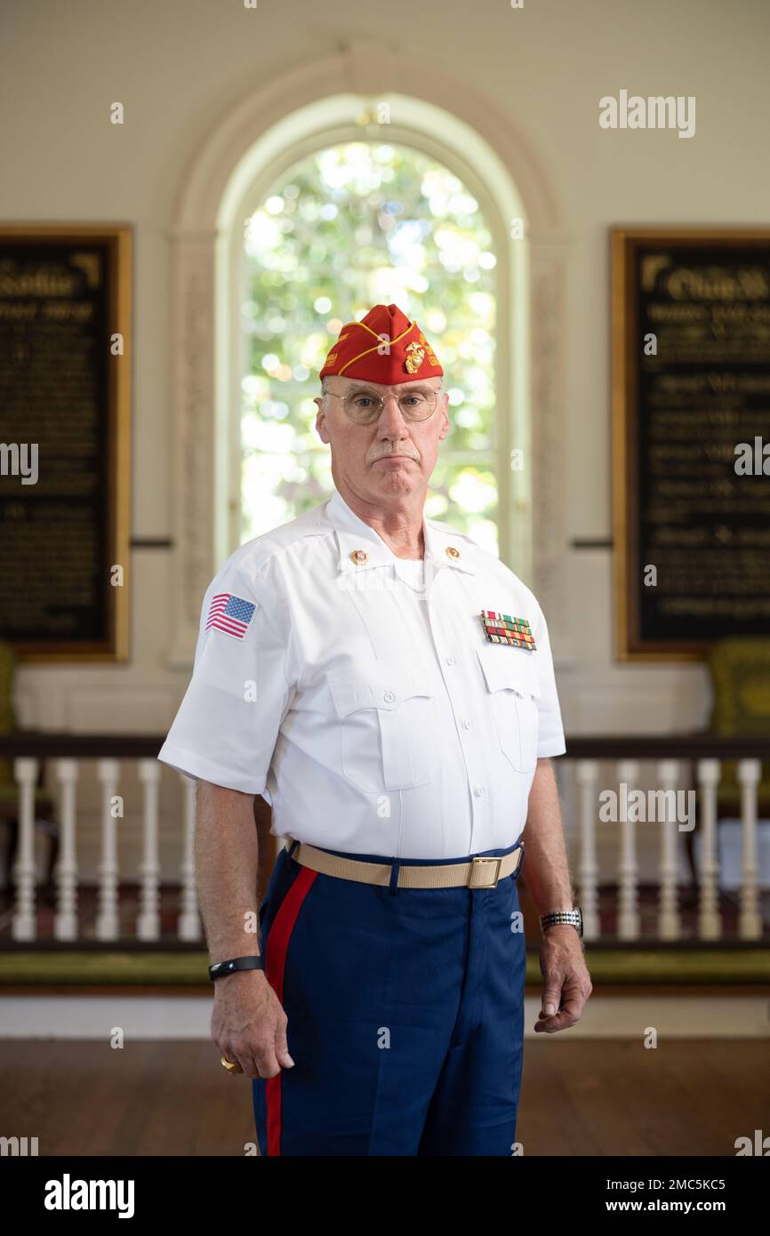 Dave Clements, Marine Corps League Detachment 1317, Commandant, stands in the hall of Christ Church Parish after participating in an interview during the rededication ceremony of New Puller Park in Saluda, VA., June 27, 2022. Family, friends and Marines honored the life and legacy of Lt. Gen. Lewis Burwell 'Chesty' Puller. Stock Photo