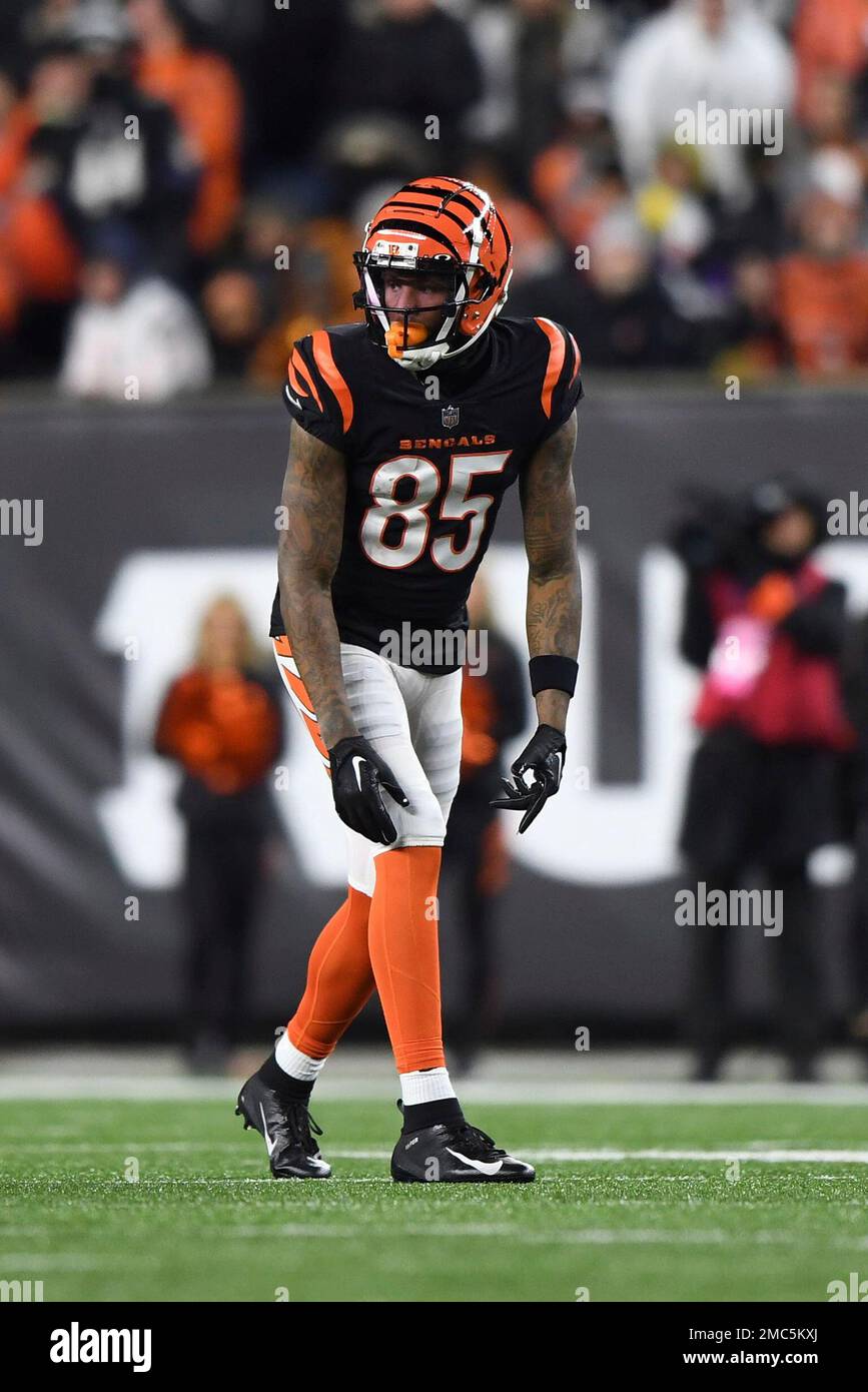 Cincinnati Bengals wide receiver Tee Higgins (85) lines up for the play  during an NFL wild-card football game against the Baltimore Ravens on  Sunday, Jan. 15, 2023, in Cincinnati. (AP Photo/Emilee Chinn