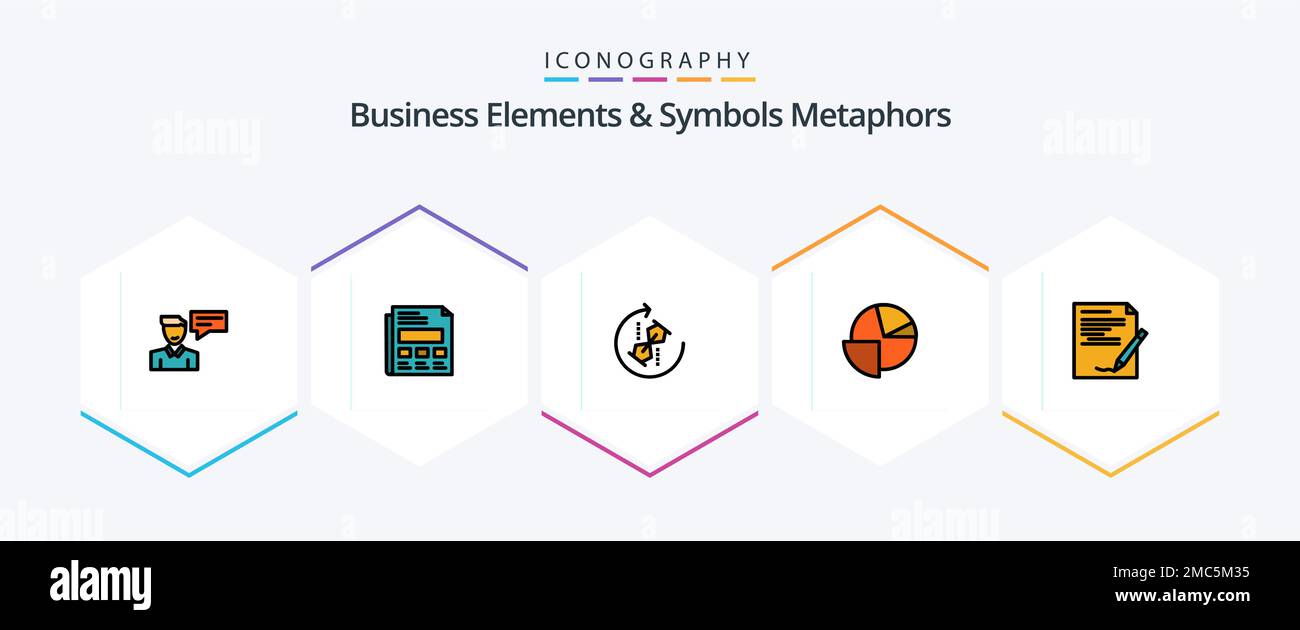Business Elements And Symbols Metaphors 25 FilledLine icon pack including graph. chart. presentation. analytics. puzzle Stock Vector