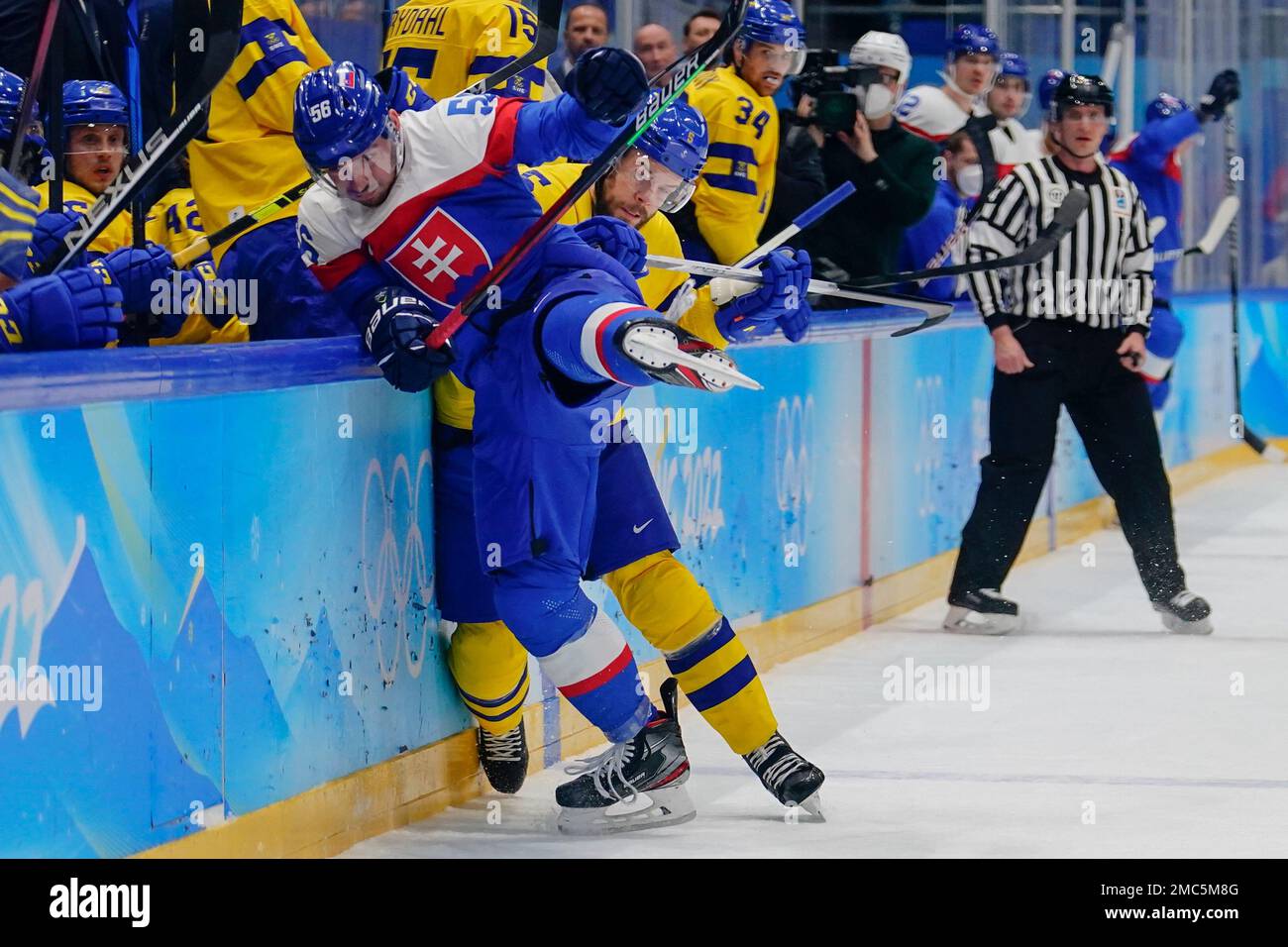 Slovakia's Marko Dano (56) and Sweden's Oscar Fantenberg (5) battle