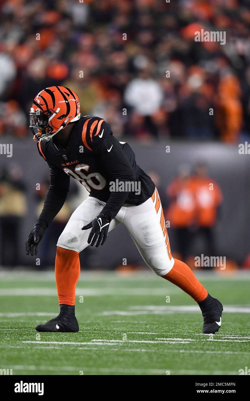 Cincinnati Bengals defensive end Cam Sample (96) in action during the first  half of a NFL football game against the Baltimore Ravens, Sunday, Oct. 9,  2022, in Baltimore. (AP Photo/Terrance Williams Stock