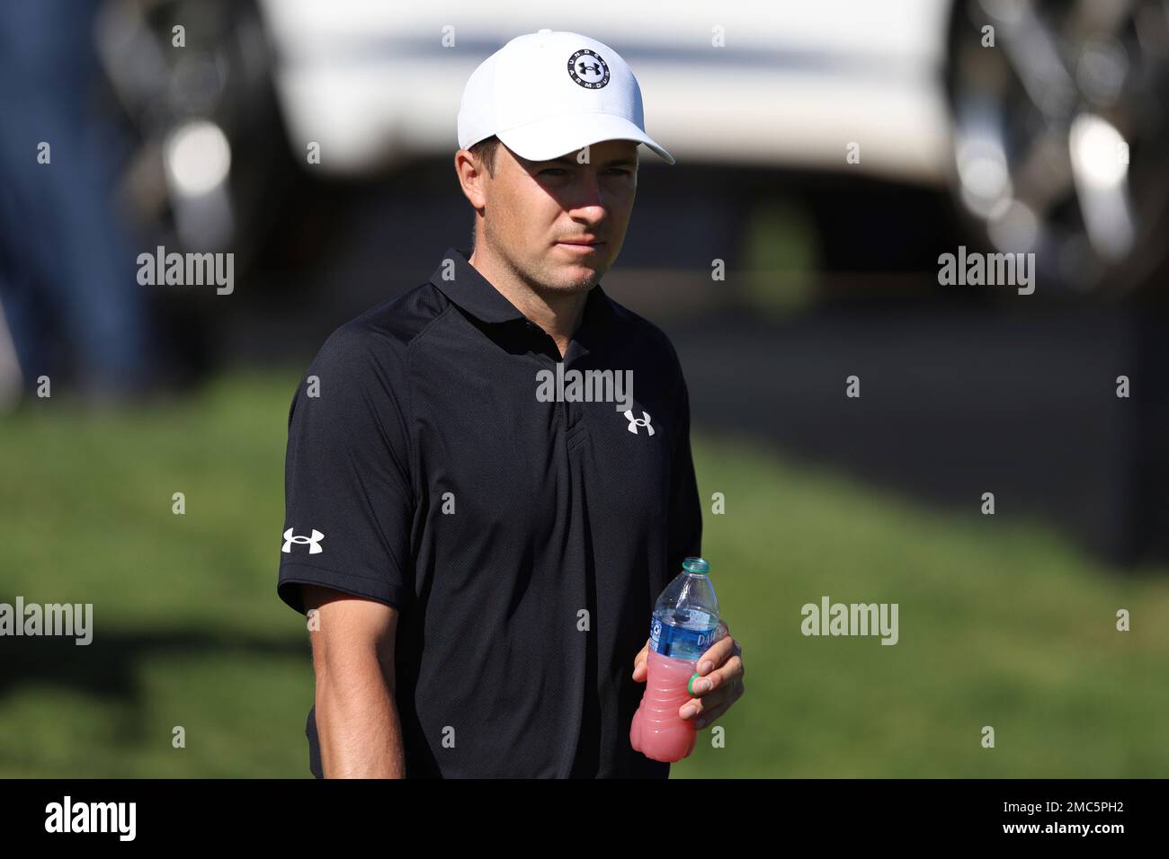 Jordan Spieth looks on from the 10th hole during the second round of the  Genesis Invitational golf tournament at Riviera Country Club, Friday, Feb.  18, 2022, in the Pacific Palisades area of