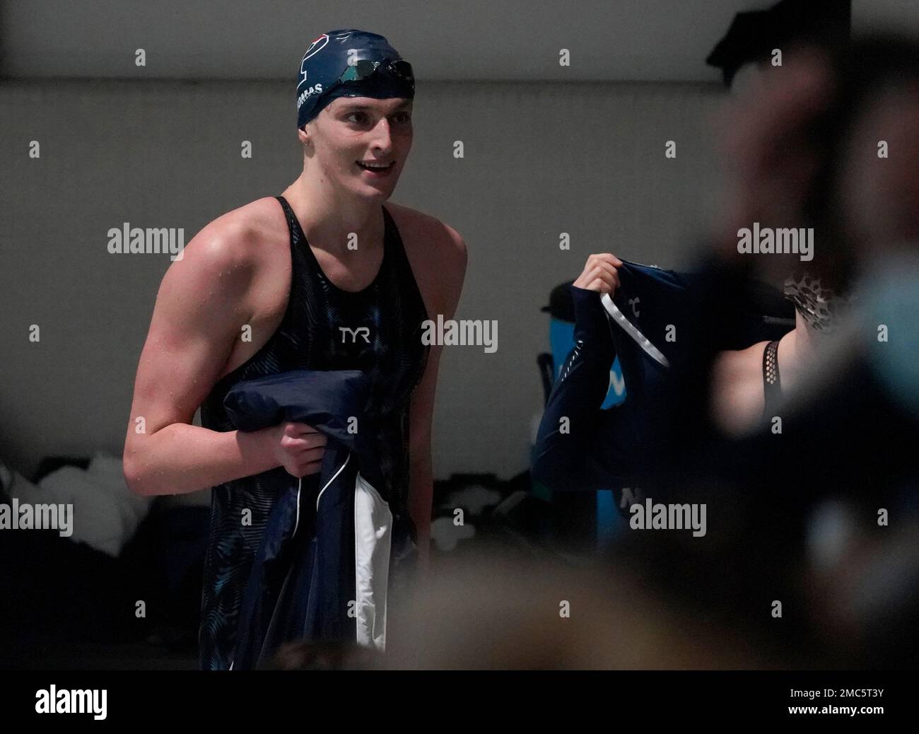 Pennsylvania's Lia Thomas smiles after setting a meet and pool record ...