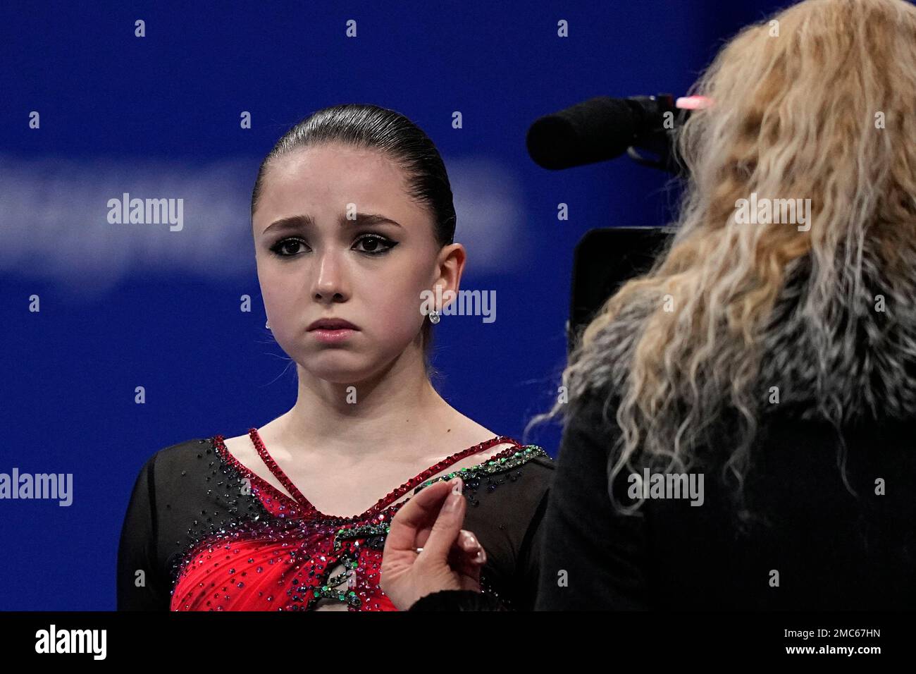 Kamila Valieva, of the Russian Olympic Committee, reacts after