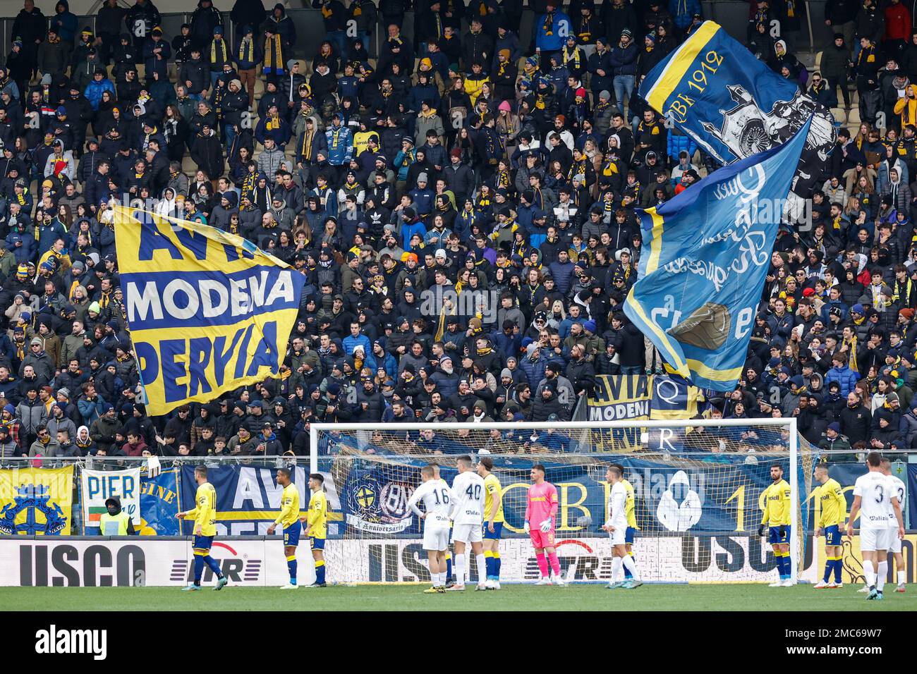 January 21, 2023, Modena, Italy: Modena, Italy, Alberto Braglia stadium,  January 21, 2023, Romeo Giovannini (Modena) celebrates after scoring the  gol of 2-0 during Modena FC vs Cosenza Calcio - Italian soccer