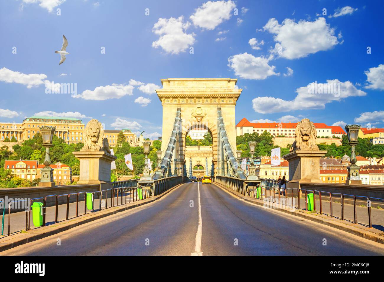 City landscape - morning view of the Szechenyi Chain Bridge and Buda part of Budapest on the west bank of the Danube, Hungary Stock Photo