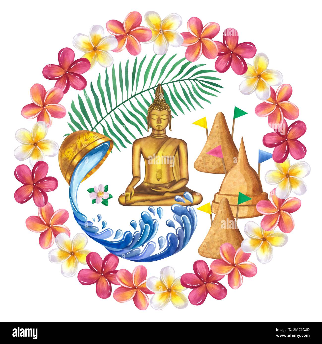 Round frame Songkran water festival Thailand. Traditional New Year's Day. Buddha, sand pagodas. Hand-drawn watercolor illustration isolated on white b Stock Photo