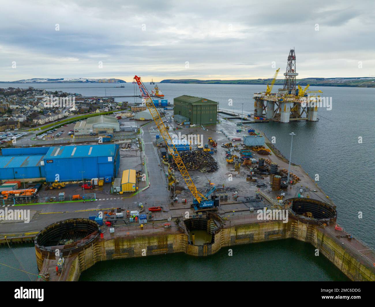 Invergordon, Scotland, UK. 21 January 2023. Aerial views of Port of Cromarty Firth at Invergordon, Ross and Cromarty. The Inverness and Cromarty Firth Freeport bid has been awarded Freeport status by the Scottish and UK Governments. Also known as Green Freeports or Greenports these new ports are hoped to create thousands of new jobs . Iain Masterton/Alamy Live News Stock Photo