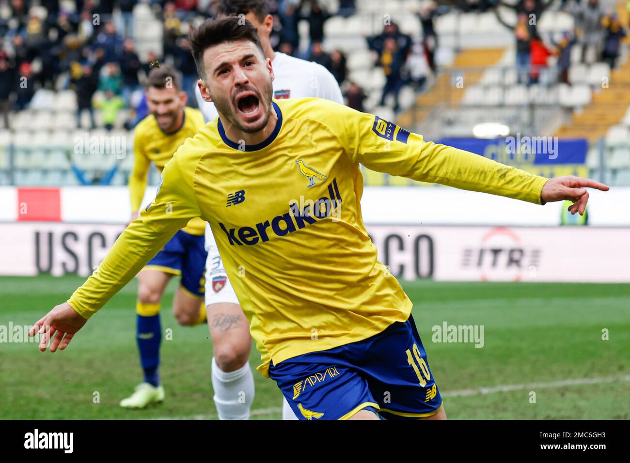 Modena, Italy. 21st Jan, 2023. Fabio Gerli (Modena) celebrates after  scoring the gol of 1-0 during Modena FC vs Cosenza Calcio, Italian soccer  Serie B match in Modena, Italy, January 21 2023