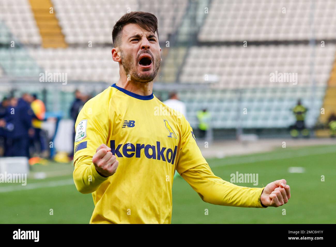 Modena, Italy. 21st Jan, 2023. Fabio Gerli (Modena) celebrates after  scoring the gol of 1-0 during Modena FC vs Cosenza Calcio, Italian soccer  Serie B match in Modena, Italy, January 21 2023