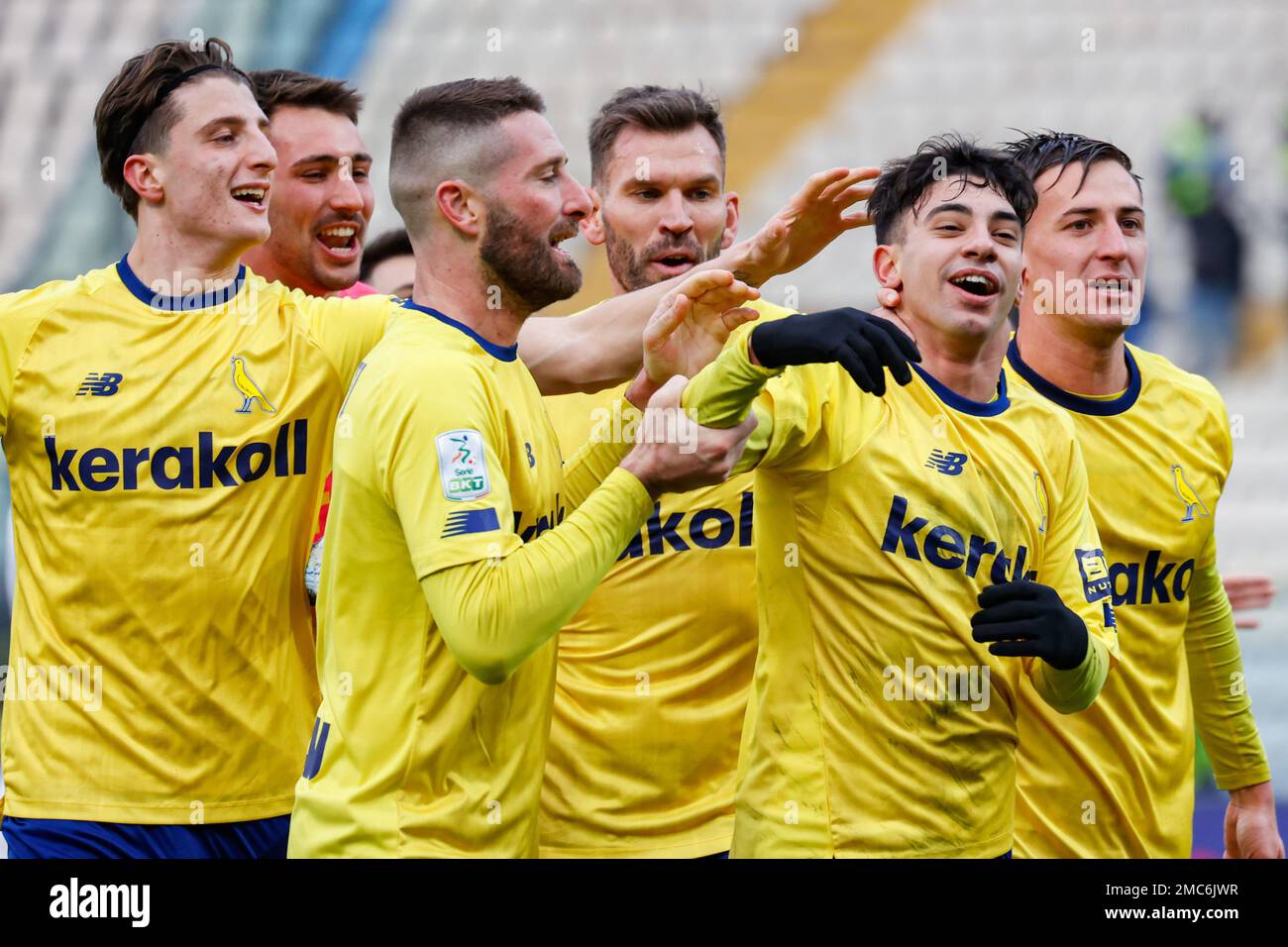 January 21, 2023, Modena, Italy: Modena, Italy, Alberto Braglia stadium,  January 21, 2023, Romeo Giovannini (Modena) celebrates after scoring the  gol of 2-0 during Modena FC vs Cosenza Calcio - Italian soccer