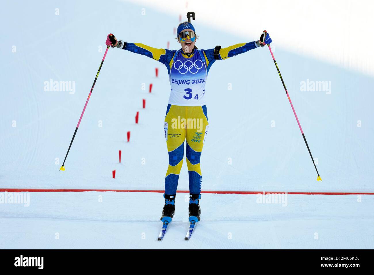 Elvira Oeberg of Sweden crosses the finish line in first during the