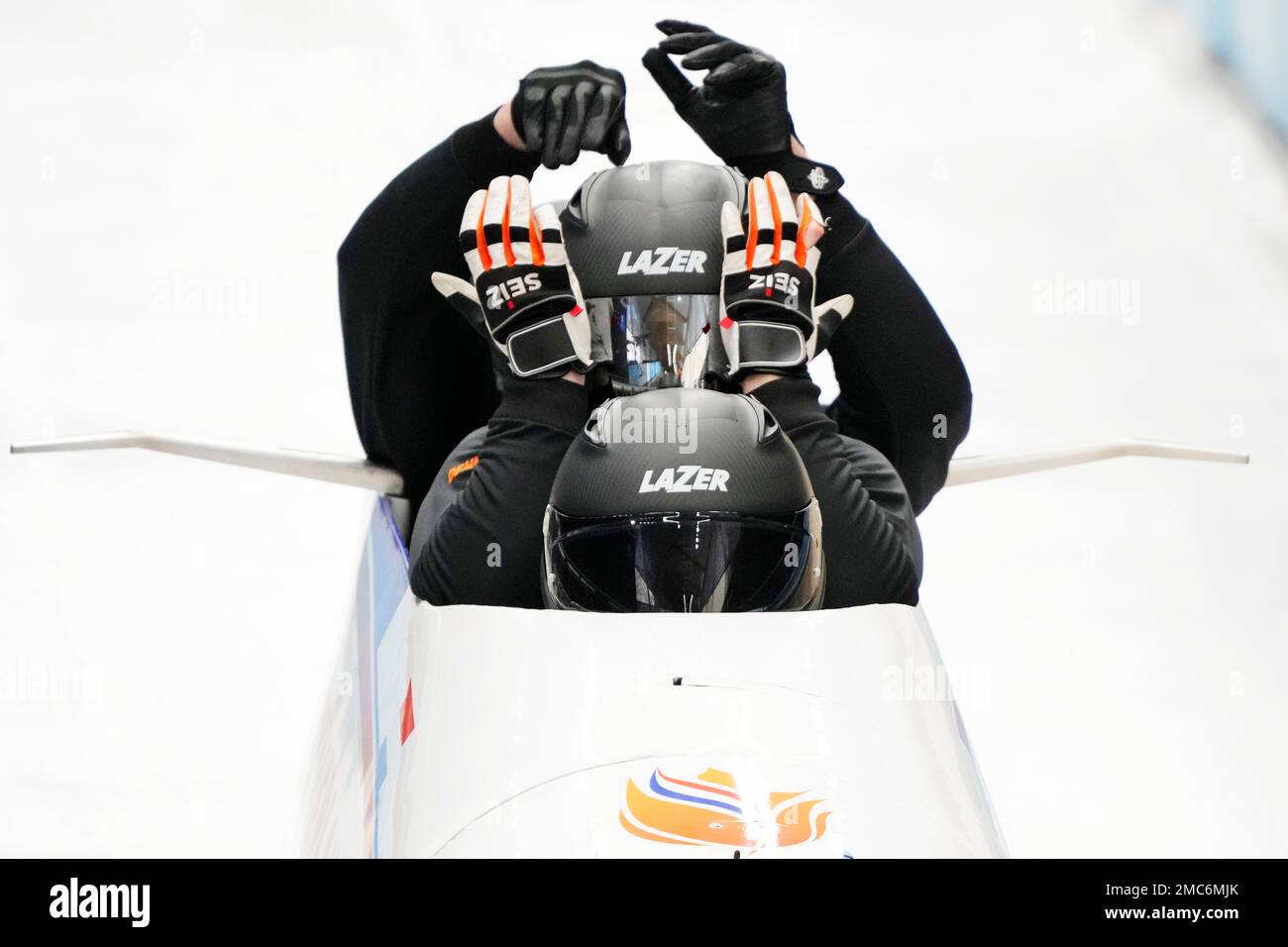 Ivo de Bruin of Netherlands and his team start during a 4-man bobsleigh training heat