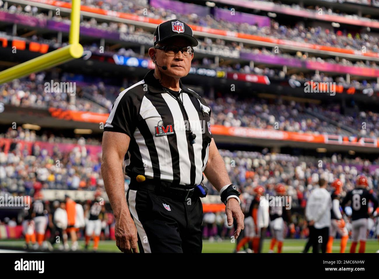 Field judge Rick Patterson (15) walks on the field before the NFL Super Bowl 56 football game