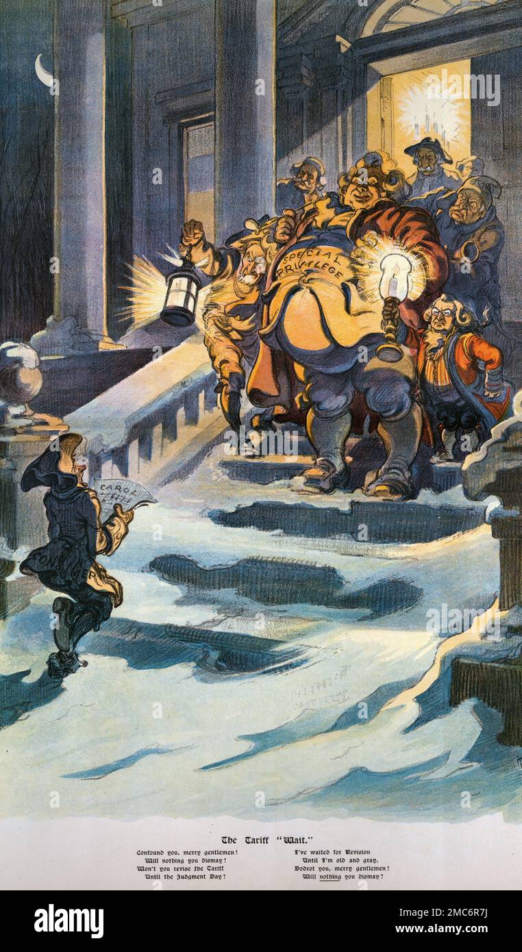 The Tariff Wait - Illustration shows on a winter's night a small figure labeled 'Consumer' sings Christmas carols at the bottom of the steps to a large federal building where, standing on the steps, a large, bloated man labeled 'Special Privilege', along with Joseph G. Cannon, James S. Sherman, and others present a formidable barrier to the sad and complaint filled tidings of the meek caroler. Includes eight lines of verse. Political Cartoon, 1908 Stock Photo