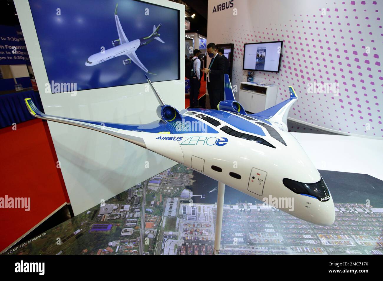 An Airbus ZEROe blended wing body model sits on display at the Airbus ...