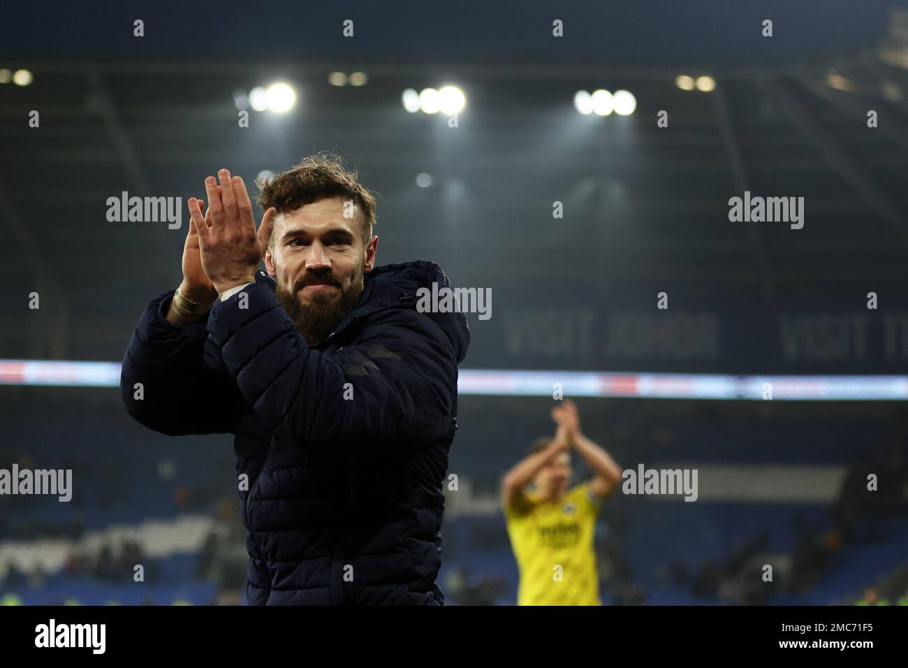 Cardiff, UK. 21st Jan, 2023. Tom Bradshaw of Millwall, the goalscorer, celebrates after the match. EFL Skybet championship match, Cardiff city v Millwall at the Cardiff City Stadium in Cardiff, Wales on Saturday 21st January 2023. this image may only be used for Editorial purposes. Editorial use only, license required for commercial use. No use in betting, games or a single club/league/player publications. pic by Andrew Orchard/Andrew Orchard sports photography/Alamy Live news Credit: Andrew Orchard sports photography/Alamy Live News Stock Photo
