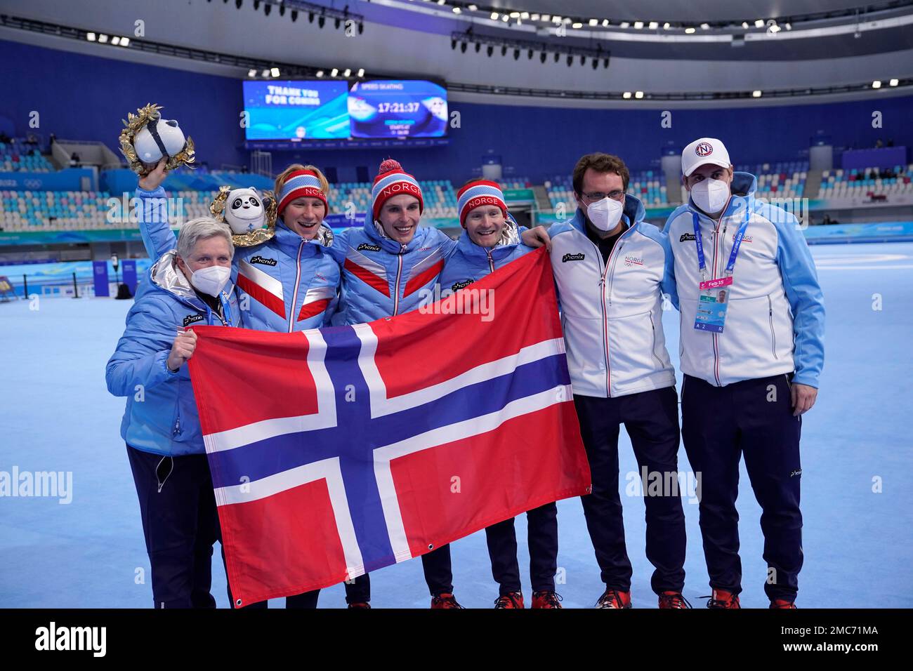 Team Norway poses during a venue ceremony after they won the gold medal