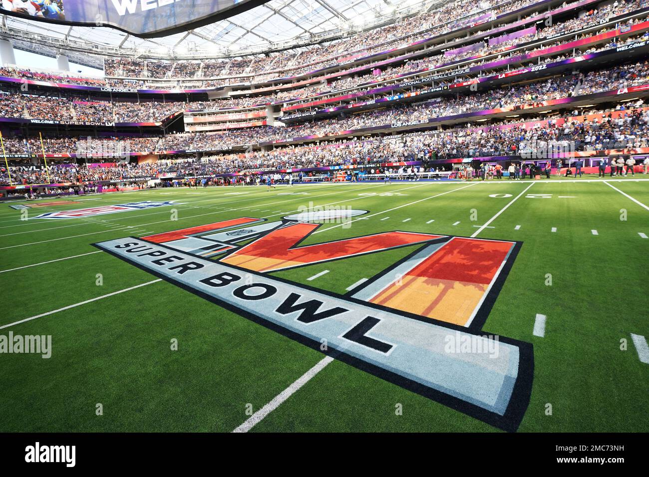 The Super Bowl logo on the field before the Los Angeles Rams take