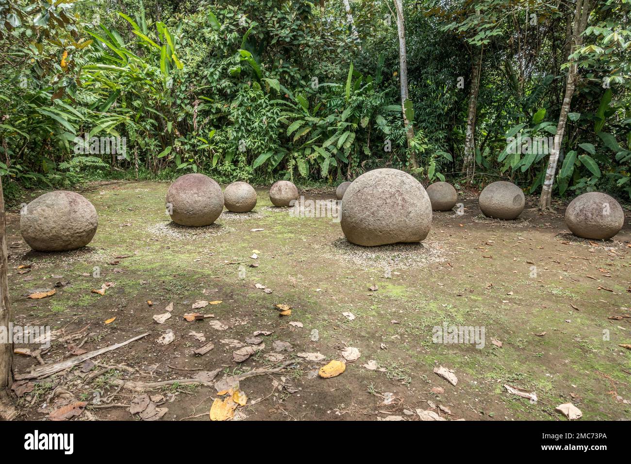 Group of ancient stone spheres at UNESCO World Heritage Site of Finca 6 near Palmar Sur, Costa Rica. Stock Photo