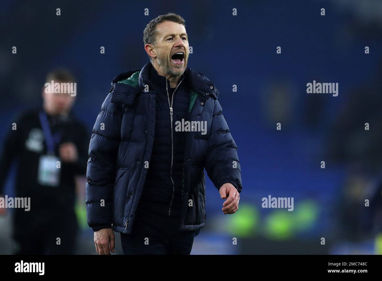 Cardiff, UK. 21st Jan, 2023. Gary Rowett, the manager of Millwall, celebrates after the match. EFL Skybet championship match, Cardiff city v Millwall at the Cardiff City Stadium in Cardiff, Wales on Saturday 21st January 2023. this image may only be used for Editorial purposes. Editorial use only, license required for commercial use. No use in betting, games or a single club/league/player publications. pic by Andrew Orchard/Andrew Orchard sports photography/Alamy Live news Credit: Andrew Orchard sports photography/Alamy Live News Stock Photo