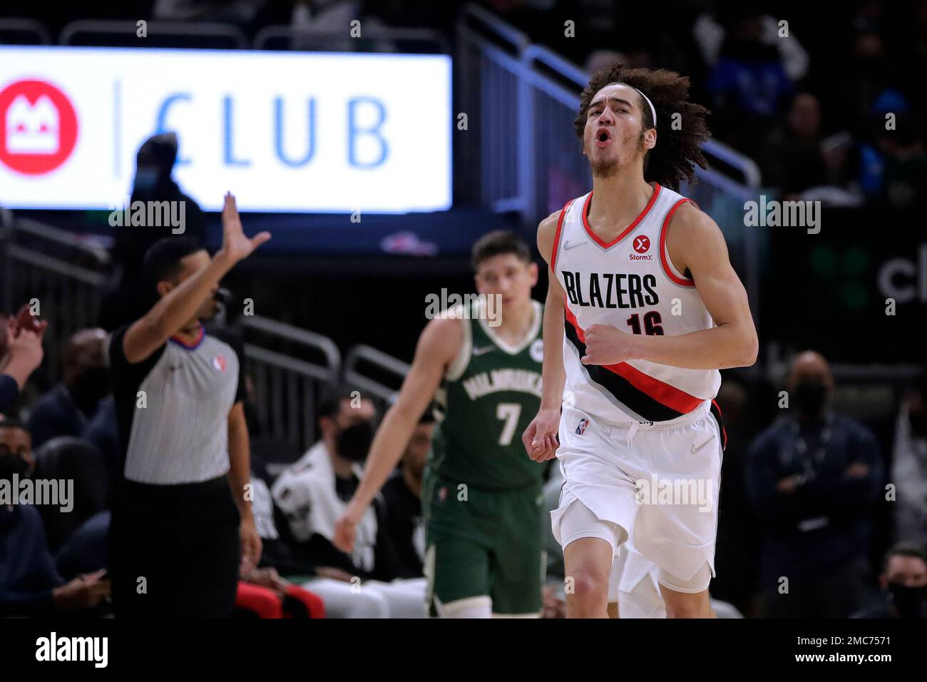 Portland Trail Blazers' CJ Elleby reacts after making a shot during the  second half of the team's NBA basketball game against the Milwaukee Bucks  on Monday, Feb. 14, 2022, in Milwaukee. (AP