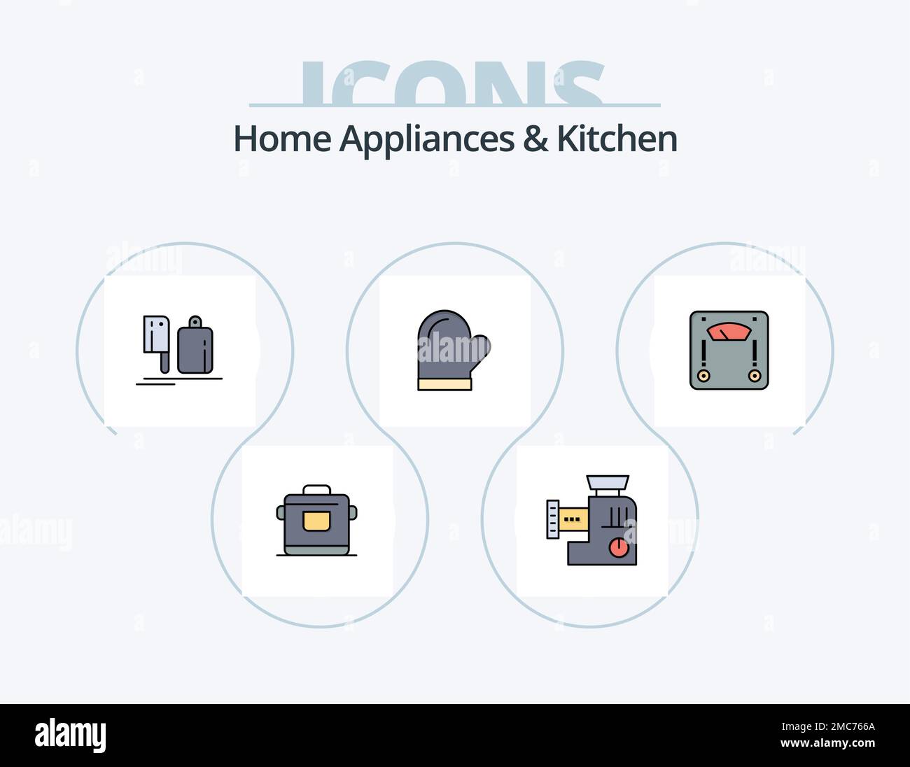 Home Appliances And Kitchen Line Filled Icon Pack 5 Icon Design. kitchen. toaster. hotel . machine. electric Stock Vector