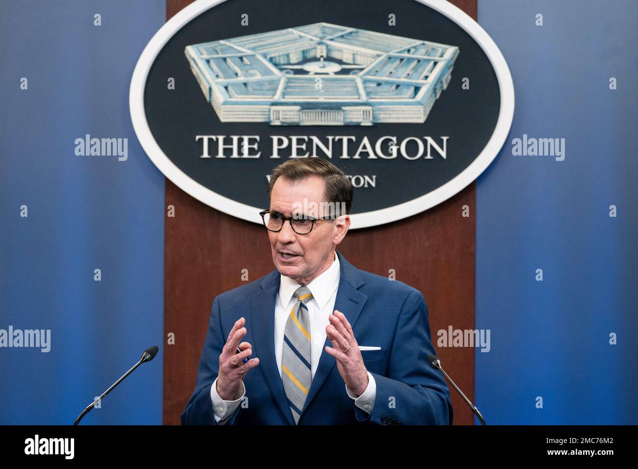 Pentagon spokesman John Kirby speaks during a media briefing at the ...