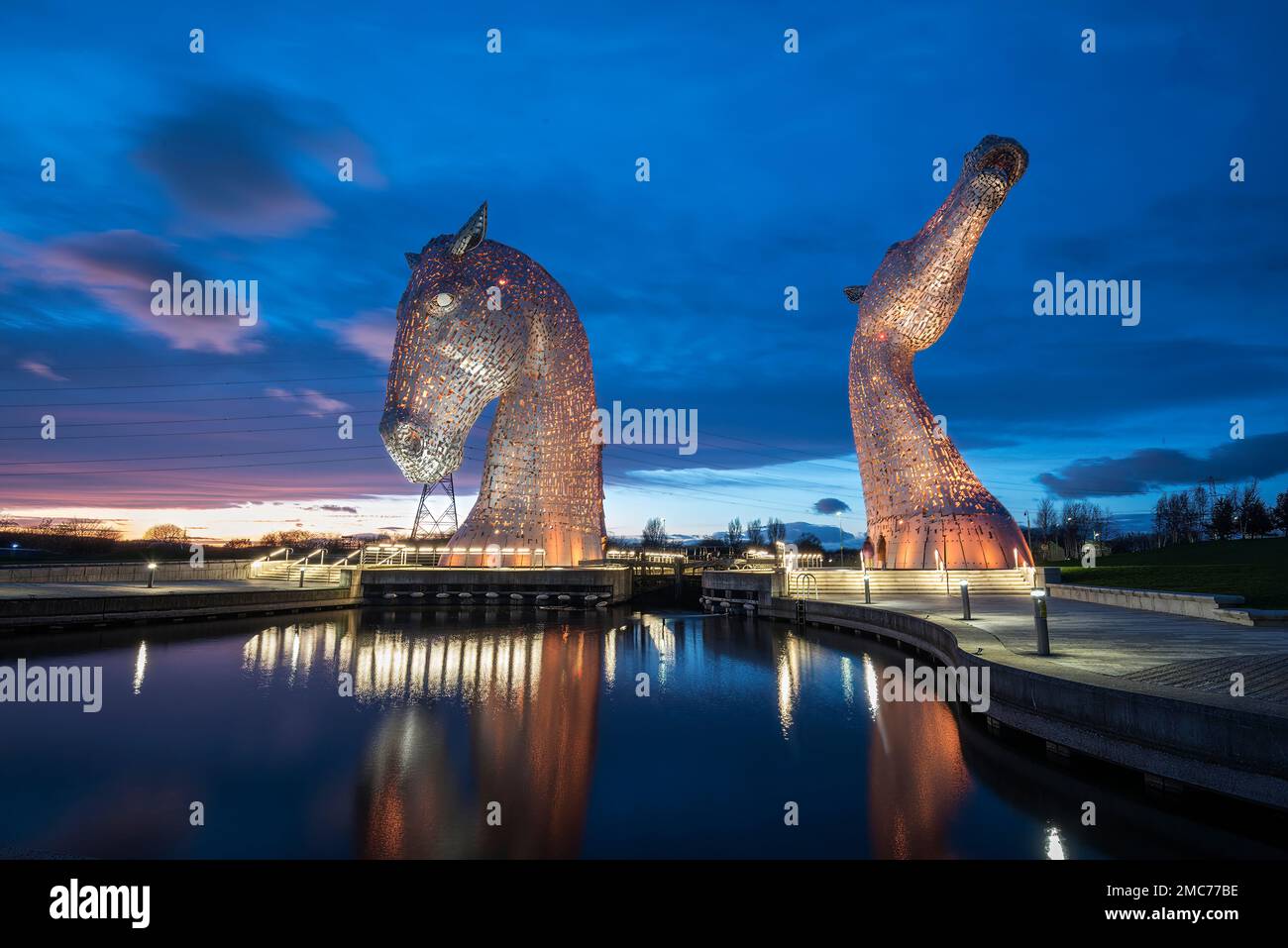 The Kelpies Sculpture at Night, Helix Park, Falkirk, Scotland Stock Photo