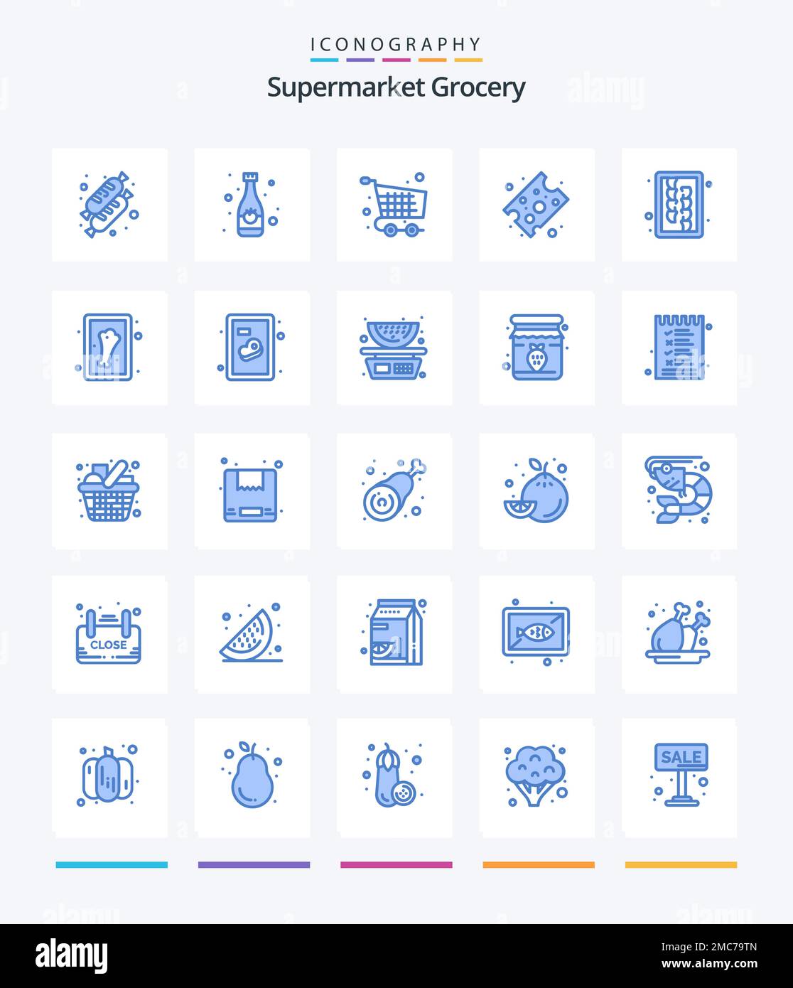 Creative Grocery 25 Blue icon pack  Such As kitchen utensils. chopping. checkout. piece of cheese. cheese Stock Vector