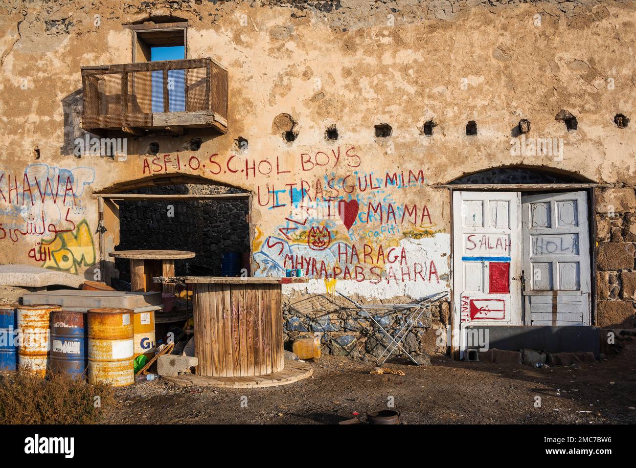 Derelict building close to waterfront at the Port of Arrecife on Lanzarote, Canary Islands. Stock Photo