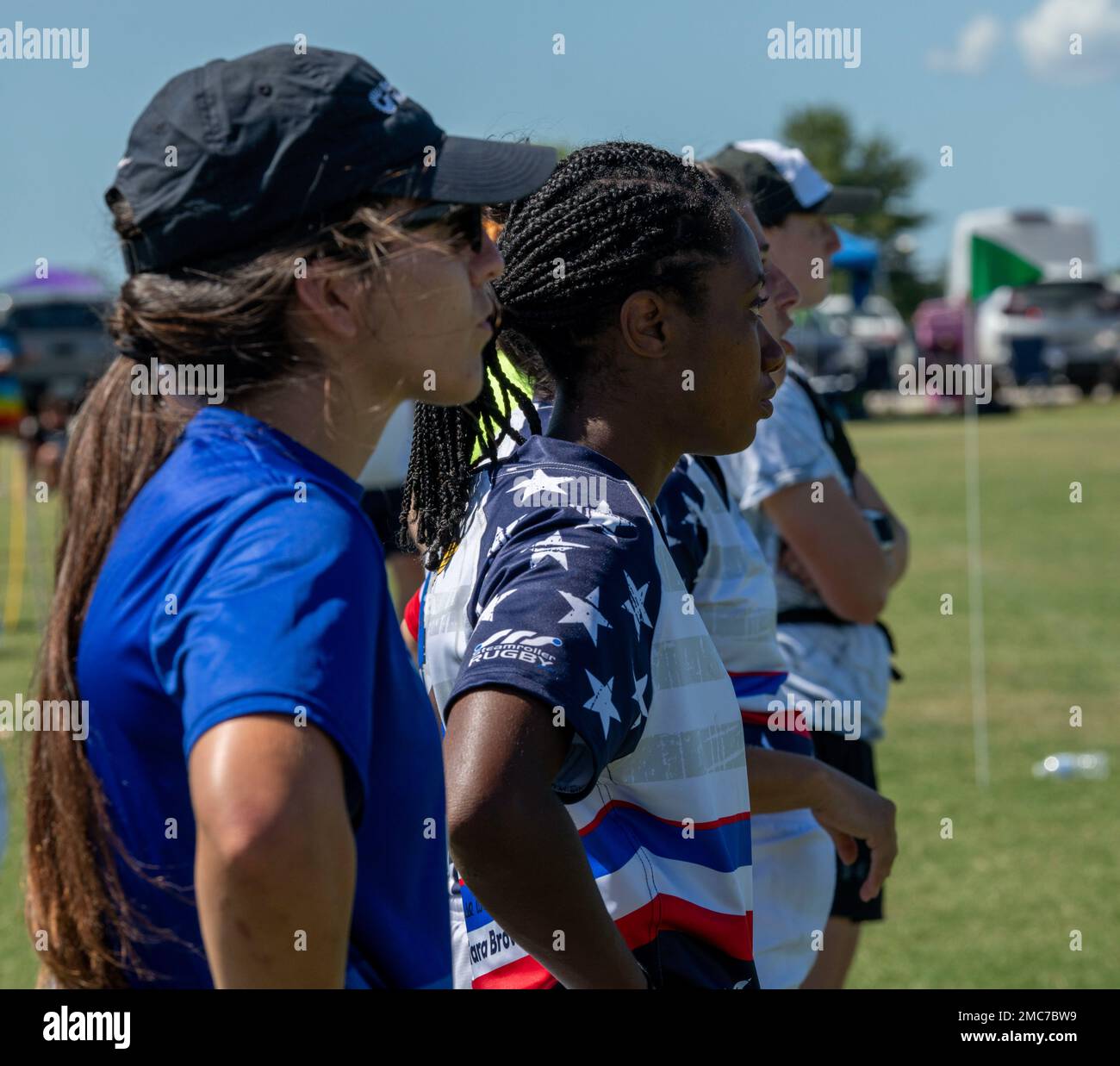 Members of the Department of Air Force Womens Rugby Team watch a game against the Northern Virginia Rugby Team after competing in the Annual Armed Forces Womens Rugby Championship in Wilmington, North