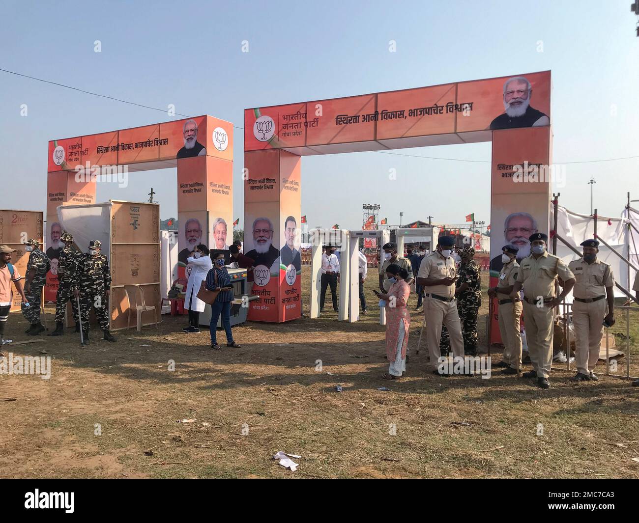 Security men guard at the venue of an election rally to be addressed by ...