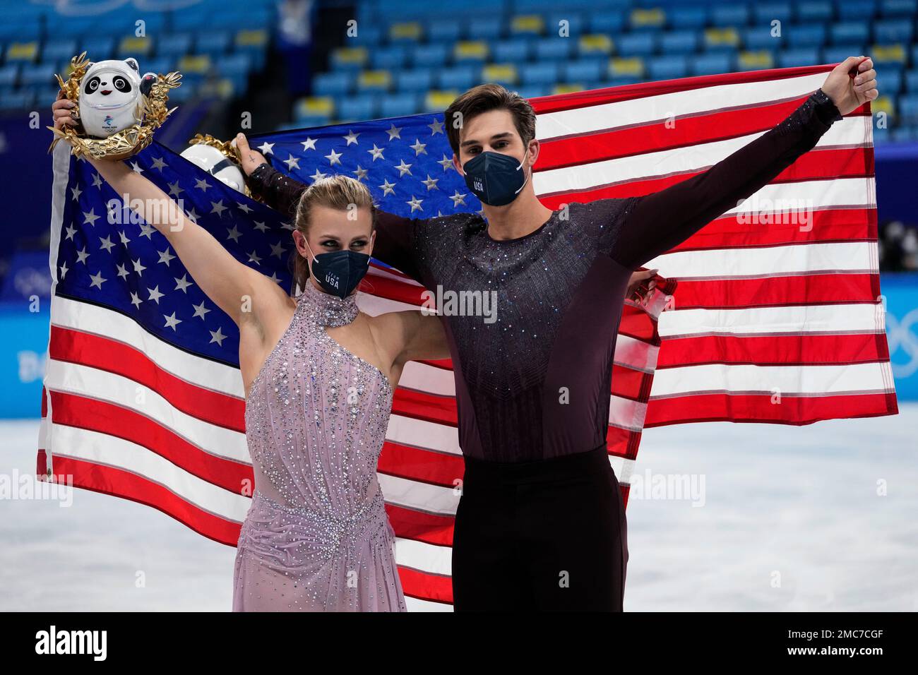 Madison Hubbell and Zachary Donohue, of the United States, celebrate