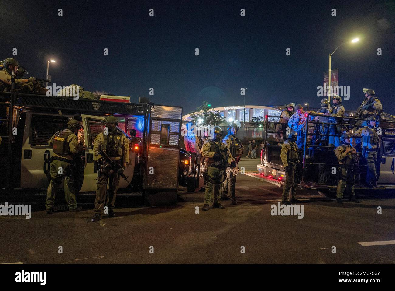 Nfl Riot Riot police stand guard outside SoFi Stadium after the Los Angels Rams ...