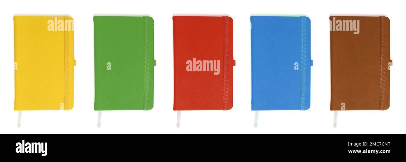 Top view of a set of multicolored notepads isolated on a white