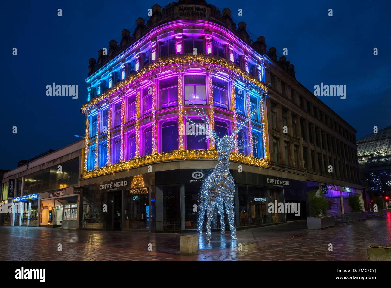 Christmas lights display at Bucks Head Building Glasgow. Stock Photo