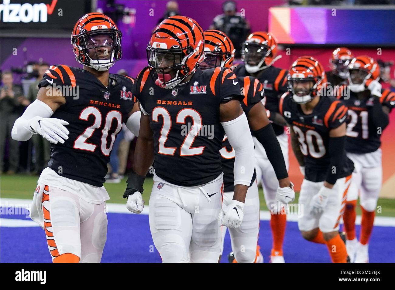 Cincinnati Bengals cornerback Chidobe Awuzie (22) celebrates after an  interception against the Los Angeles Rams during the second half of the NFL Super  Bowl 56 football game Sunday, Feb. 13, 2022, in