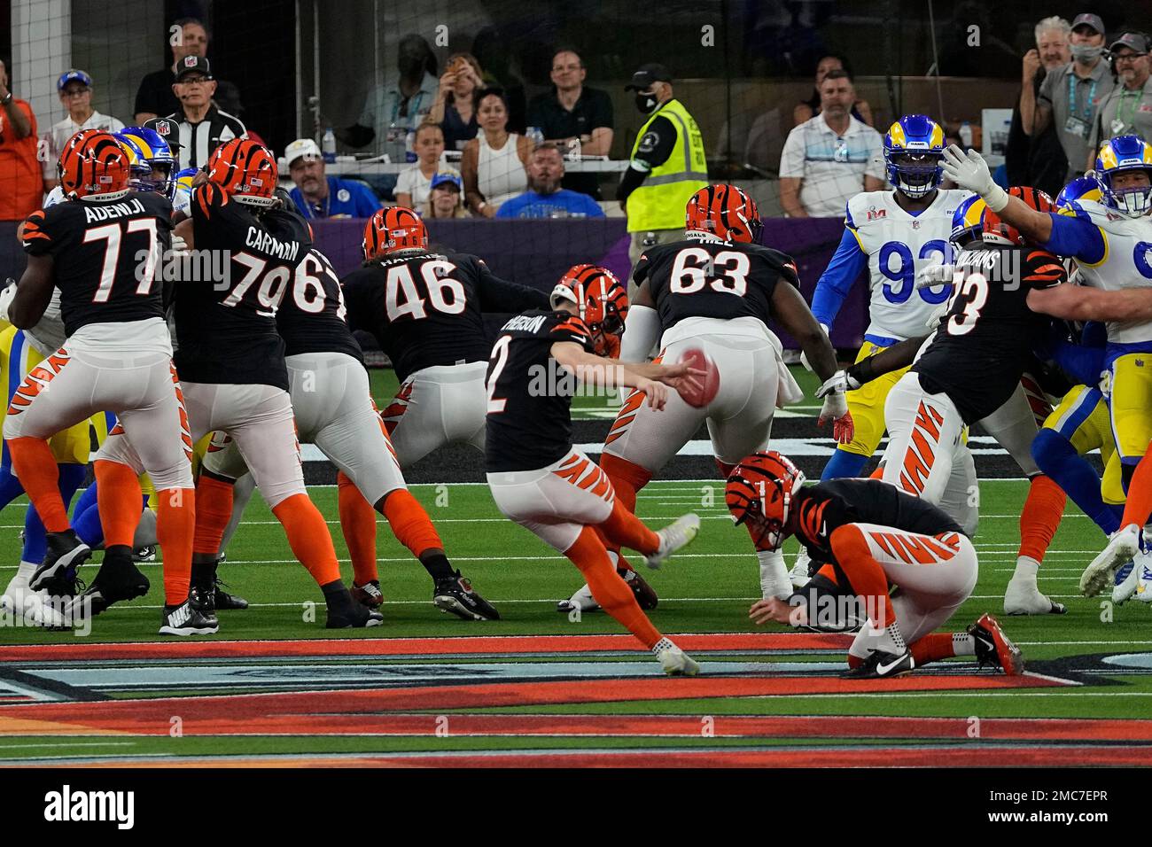 Cincinnati Bengals' Evan McPherson kicks during practice Thursday, Feb. 10,  2022, in Los Angele …