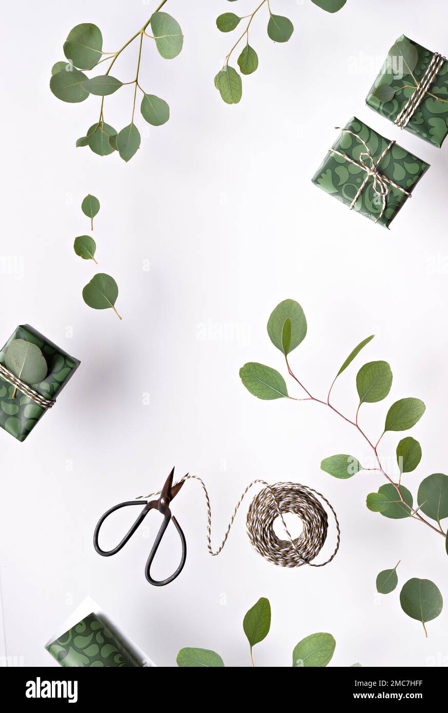 Eucalyptus twigs and gift boxes with wrapping paper isolated on white background. Flat lay, top