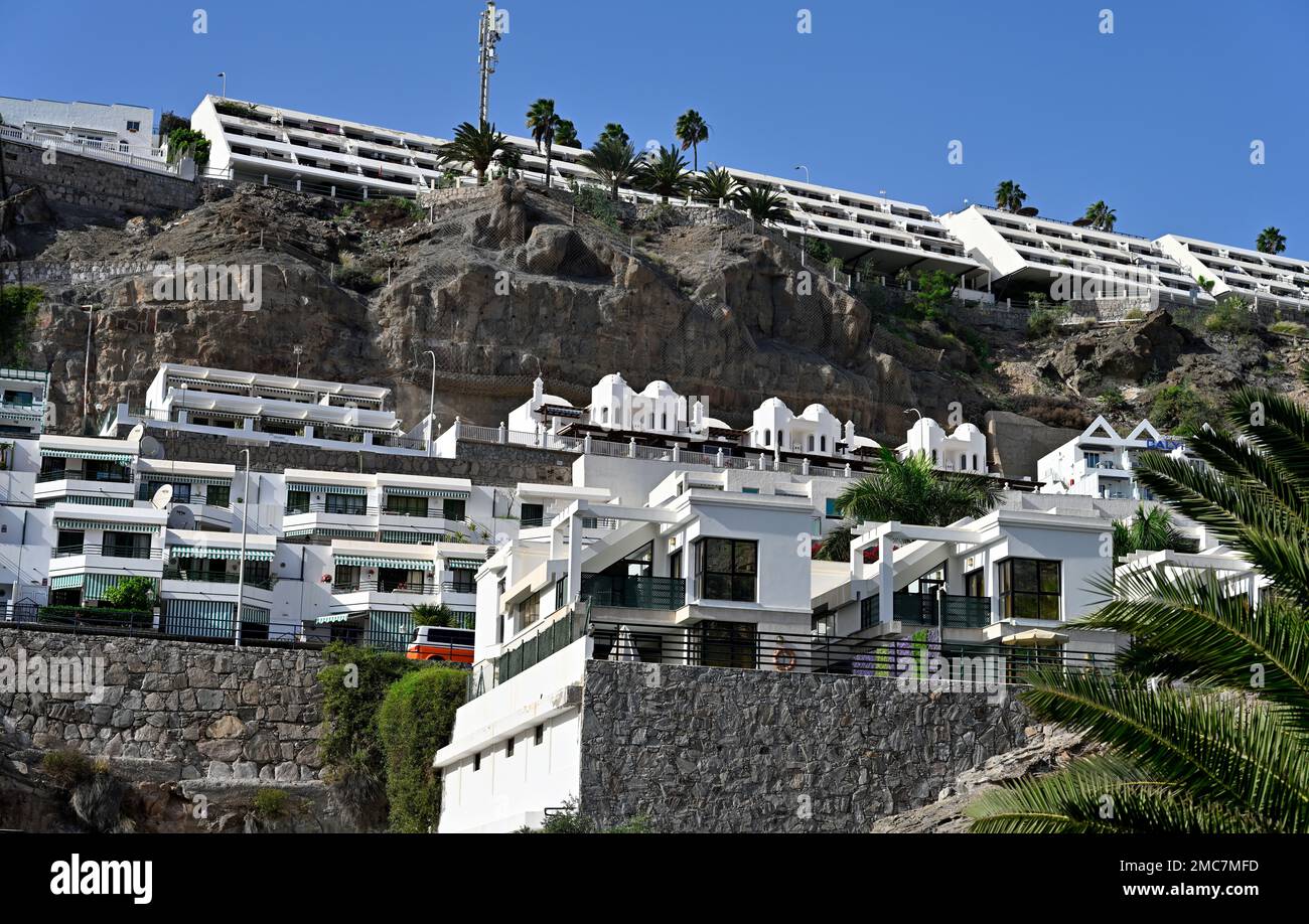 Tourist hotels on hillside in town of  Arguineguín, Gran Canaria Stock Photo