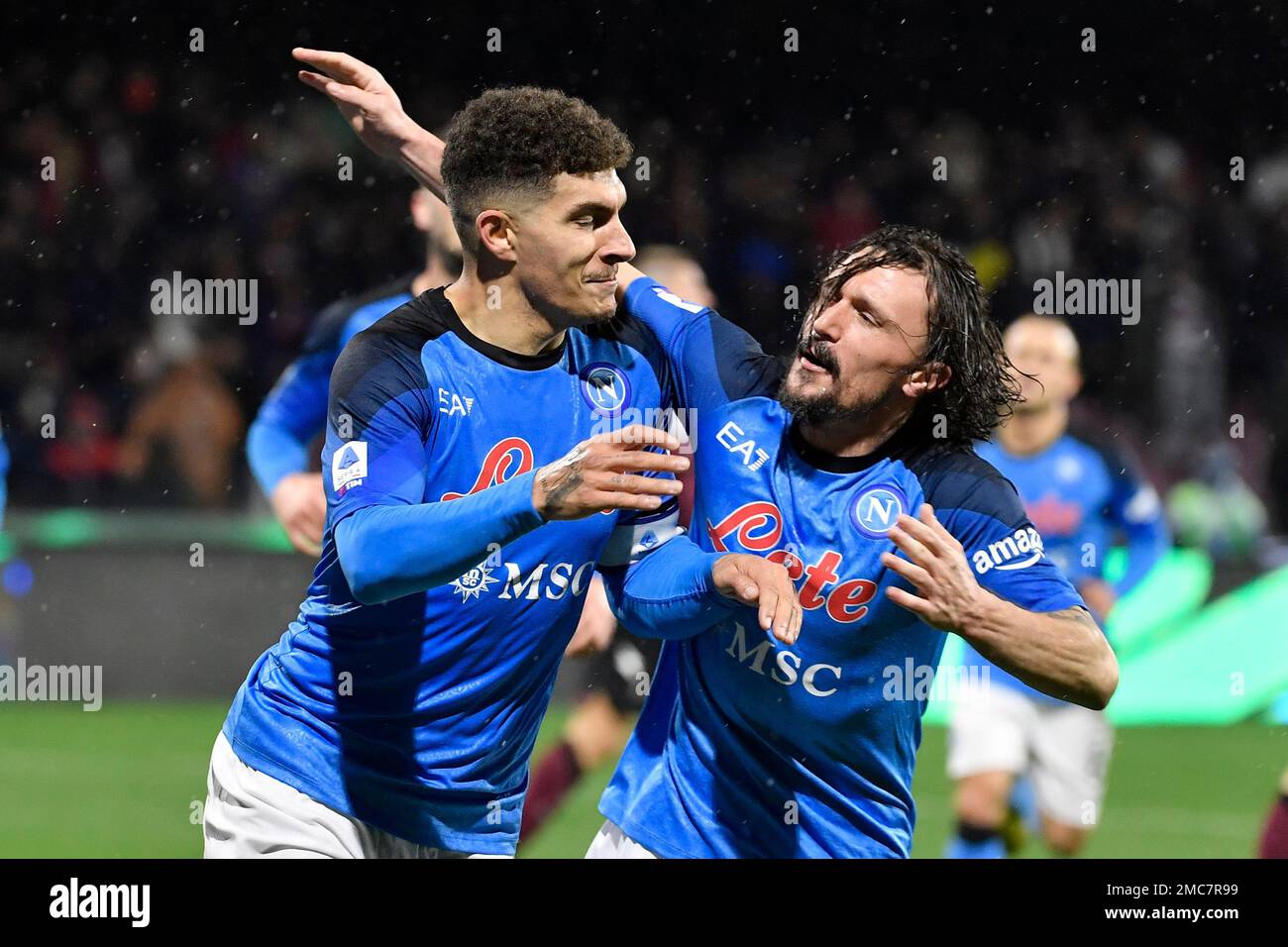 Salerno, Italy. 21st Jan, 2023. Giovanni Di Lorenzo of SSC Napoli celebrates with Mario Rui after scoring the goal of 0-1 during the Serie A football match between US Salernitana and SSC Napoli at Arechi stadium in Salerno (Italy), January 21th, 2023. Photo Andrea Staccioli/Insidefoto Credit: Insidefoto di andrea staccioli/Alamy Live News Stock Photo