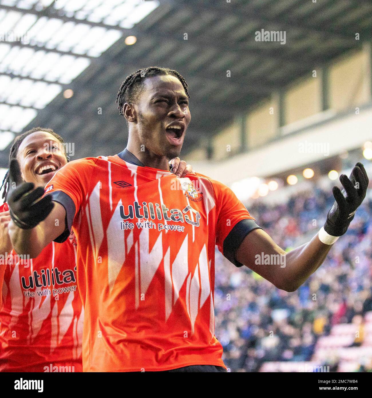 Elijah Adebayo #11 of Luton town celebrates his goal during the Sky Bet Championship match between Wigan Athletic and Luton Town at the DW Stadium, Wigan on Saturday 21st January 2023. (Credit: Mike Morese | MI News) Credit: MI News & Sport /Alamy Live News Stock Photo