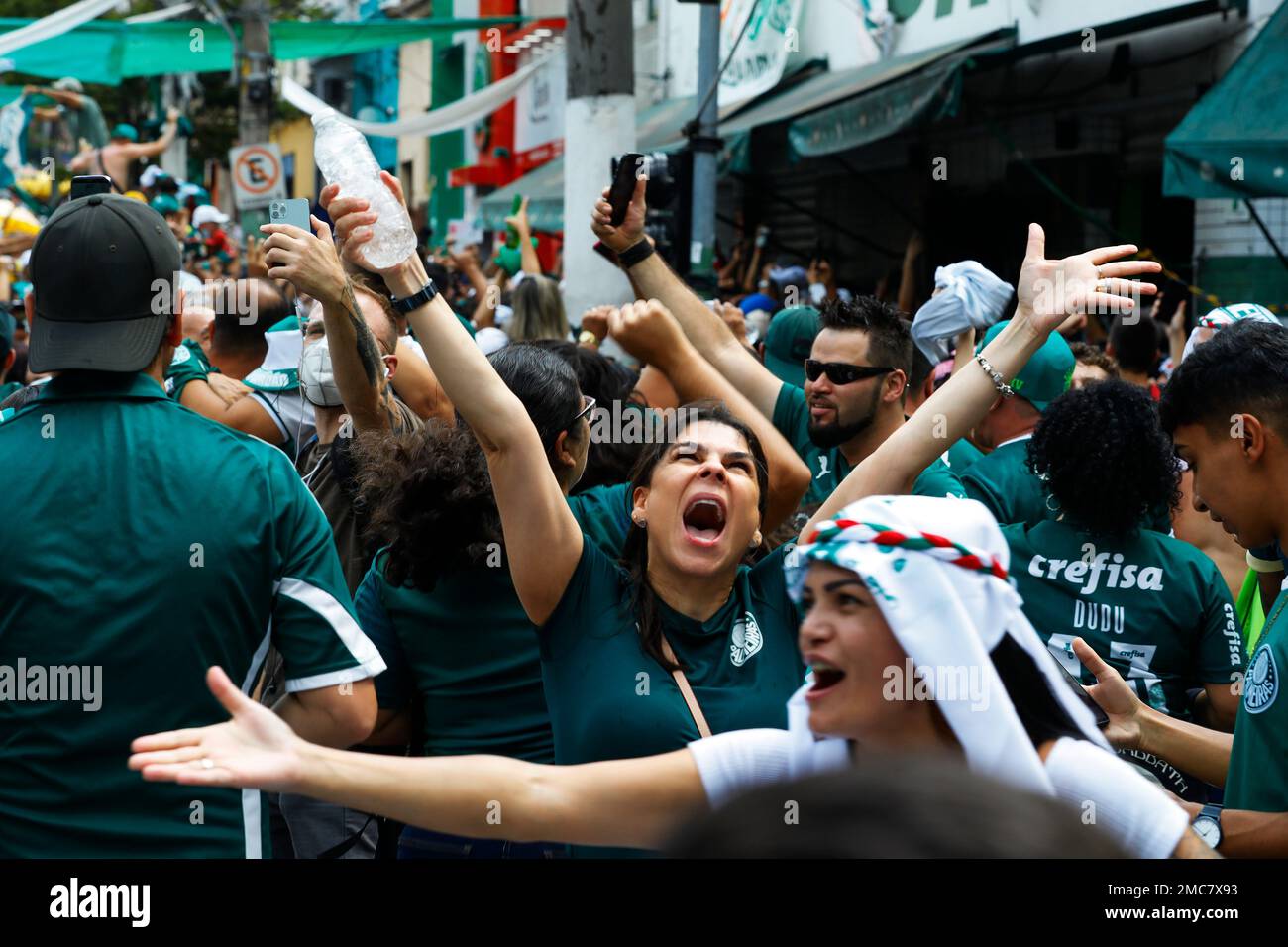 Palmeiras soccer club fans celebrate their teams goal as they watch a live broadcast from Abu Dhabi of the FIFA Club World Cup final soccer match against Chelsea, in Sao Paulo, Brazil,