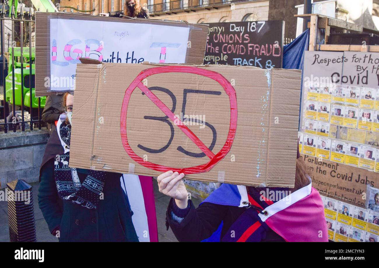 London, UK. 21st January 2023. A protester holds an anti- Section 35 order placard. Protesters gathered outside Downing Street in support of trans rights after Rishi Sunak blocked Scotland’s gender recognition reforms. Credit: Vuk Valcic/Alamy Live News Stock Photo